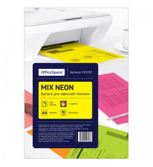 Бумага цветная для офисной печати 100 листов, А4, neon, ассорти, 80г/м2 (OfficeSpace)