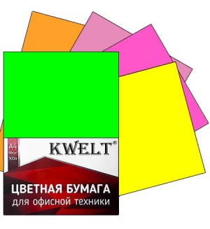 Бумага цветная для офисной печати 100 листов, А4, неон, ассорти, 80г/м2 (KWELT)