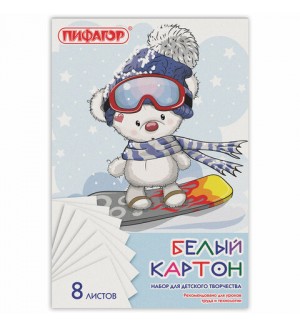 Картон белый 8 листов, A4, немелованный, в папке, 