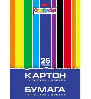 Картон цветной 10 цветов, 10 листов+ Цветная бумага 16 цветов, 16 листов, А4, в папке 