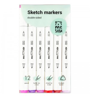 Набор маркеров для скетчинга 12 цветов, 2-6мм, ягодные цвета (MESHU)