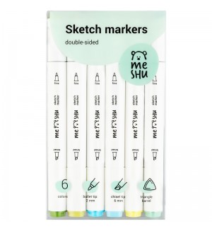 Набор маркеров для скетчинга 6 цветов, 2-6мм, морские цвета (MESHU)