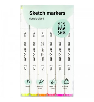 Набор маркеров для скетчинга двухсторонние 06 цветов, 2-6мм, флуоресцентные цвета, корпус трехгранный, пулевид./клиновид.наконечники, ПВХ-бокс (MESHU)
