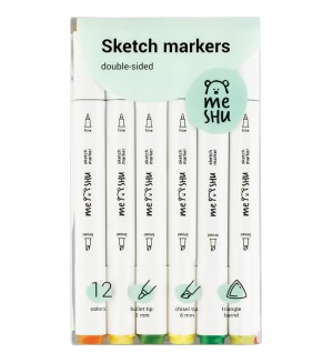 Набор маркеров для скетчинга 12 цветов, 2-6мм, осенние цвета (MESHU)