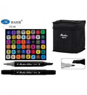 Набор маркеров для скетчинга двухсторонние 48 цветов, 1,0-7мм, пулевидный/скошенный, квадратный корпус, текстильный чехол на молнии (Basir)