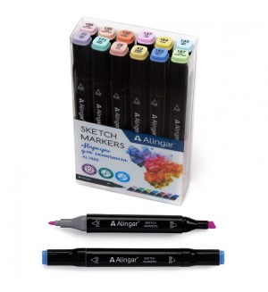 Набор маркеров для скетчинга двухсторонние 12 цветов, 1,0-6мм, пулевидный/клиновидный, пастельные, спиртовая основа (Alingar)