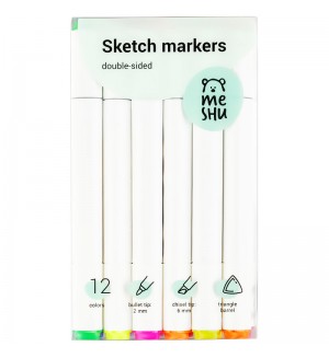 Набор маркеров для скетчинга 12 цветов, 2-6мм, основные и флуоресцентные цвета (MESHU)