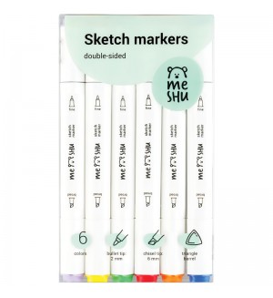 Набор маркеров для скетчинга 6 цветов, 2-6мм, основные цвета (MESHU)