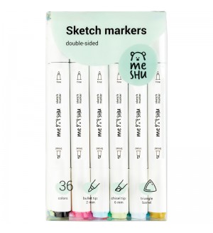 Набор маркеров для скетчинга 36 цветов, 2-6мм, основные цвета (MESHU)