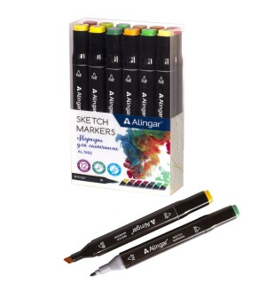 Набор маркеров для скетчинга двухсторонние 12 цветов, 1,0-6мм, пулевидный/клиновидный, лесные цвета, спиртовая основа (Alingar)