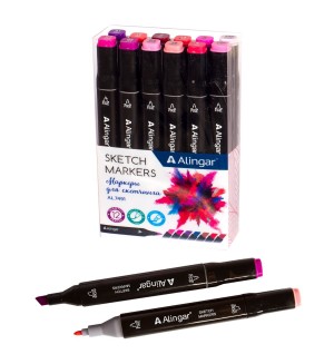 Набор маркеров для скетчинга двухсторонние 12 цветов, 1,0-6мм, пулевидный/клиновидный, ягодные цвета, спиртовая основа (Alingar)