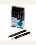 Набор маркеров для скетчинга двухсторонние 6 цветов, 1,0-6мм, пулевидный/клиновидный, зеленые цвета, квадратный корпус, спиртовая основа (Alingar)