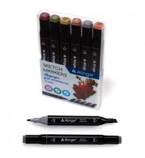 Набор маркеров для скетчинга двухсторонние 6 цветов, 1,0-6мм, пулевидный/клиновидный, коричневые цвета, квадратный корпус, спиртовая основа (Alingar)