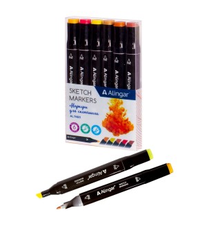 Набор маркеров для скетчинга двухсторонние 6 цветов, 1,0-6мм, пулевидный/клиновидный, осенние цвета, квадратный корпус, спиртовая основа (Alingar)