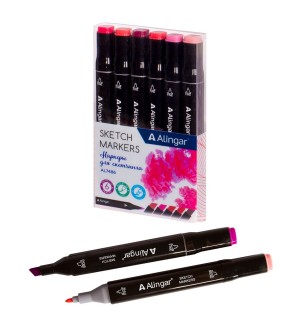 Набор маркеров для скетчинга двухсторонние 6 цветов, 1,0-6мм, пулевидный/клиновидный, розовые цвета, квадратный корпус, спиртовая основа (Alingar)