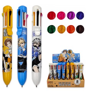 Ручка автоматическая шариковая 8 цветов, 0,7мм, цветной корпус с рисунком - ассорти 