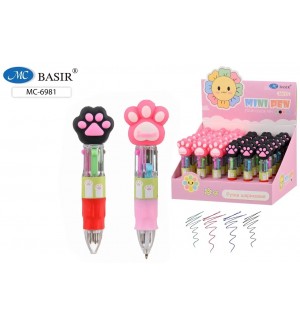 Ручка автоматическая шариковая 4 цвета, 0,5мм, прорезиненный наконечник-кошачьи лапки 