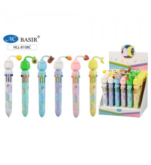 Ручка автоматическая шариковая 10 цветов, 0,7мм, резиновый брелок- ассорти "Кролик" (Basir)